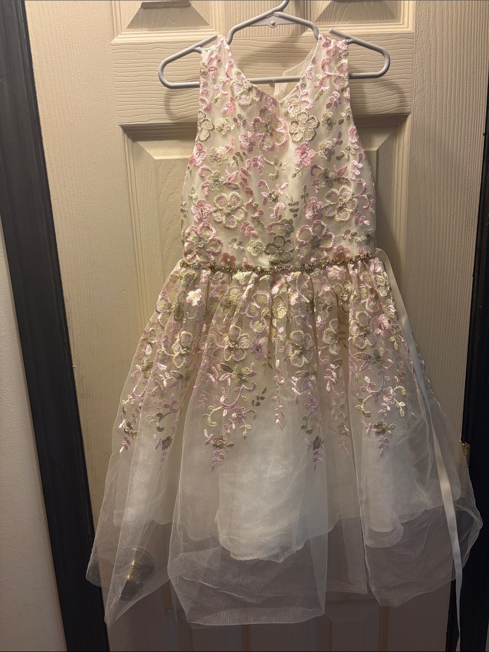 Rare Editions Ivory Dress with Pink and Gold Floral Embroidery size 7